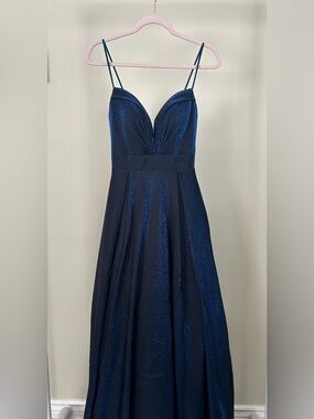 Dave & Johnny Shimmery Midnight Blue Spaghetti Strap Prom Dress